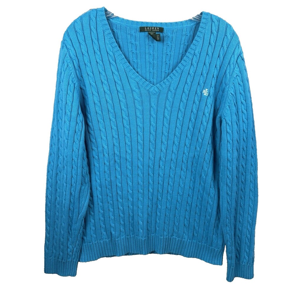 Lauren Ralph Lauren Cable Knit Sweater Women’s Large Blue Cotton V Neck Logo Y2K